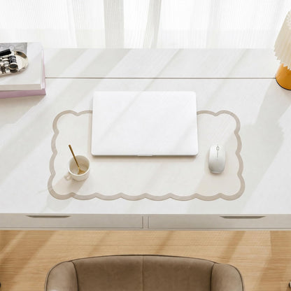 Scalloped Desk Mat, 31.5" x 15.7" Large Cute Aesthetic Desk Accessories, PU Leather Computer Laptop Desk Mouse Keyboard Pad, Desk Writing Mat for Vanity/Work/Home Decor (Beige, 31.5" x 15.7")
