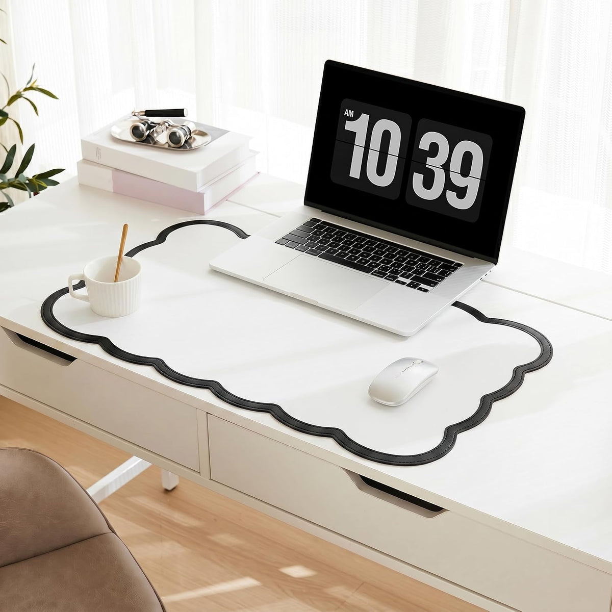 Scalloped Desk Mat, 31.5" x 15.7" Large Cute Aesthetic Desk Accessories, PU Leather Computer Laptop Desk Mouse Keyboard Pad, Desk Writing Mat for Vanity/Work/Home Decor (Beige, 31.5" x 15.7")