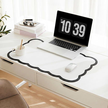 Scalloped Desk Mat, 31.5" x 15.7" Large Cute Aesthetic Desk Accessories, PU Leather Computer Laptop Desk Mouse Keyboard Pad, Desk Writing Mat for Vanity/Work/Home Decor (Beige, 31.5" x 15.7")