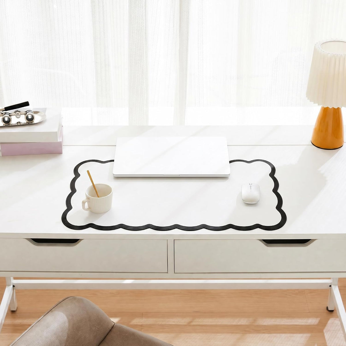 Scalloped Desk Mat, 31.5" x 15.7" Large Cute Aesthetic Desk Accessories, PU Leather Computer Laptop Desk Mouse Keyboard Pad, Desk Writing Mat for Vanity/Work/Home Decor (Beige, 31.5" x 15.7")