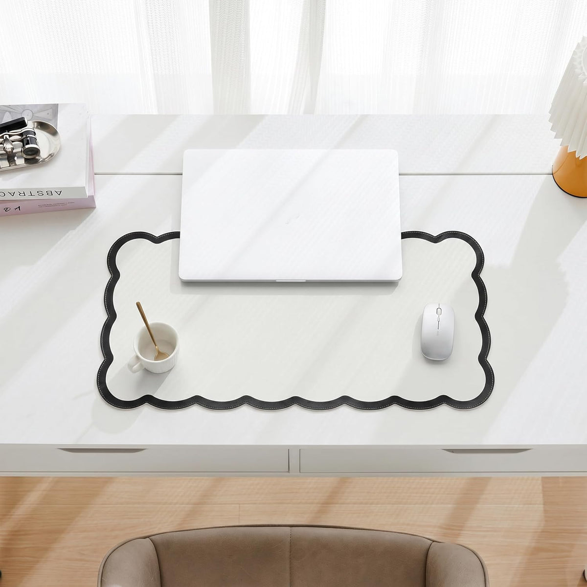 Scalloped Desk Mat, 31.5" x 15.7" Large Cute Aesthetic Desk Accessories, PU Leather Computer Laptop Desk Mouse Keyboard Pad, Desk Writing Mat for Vanity/Work/Home Decor (Beige, 31.5" x 15.7")
