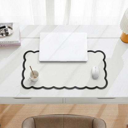 Scalloped Desk Mat, 31.5" x 15.7" Large Cute Aesthetic Desk Accessories, PU Leather Computer Laptop Desk Mouse Keyboard Pad, Desk Writing Mat for Vanity/Work/Home Decor (Beige, 31.5" x 15.7")