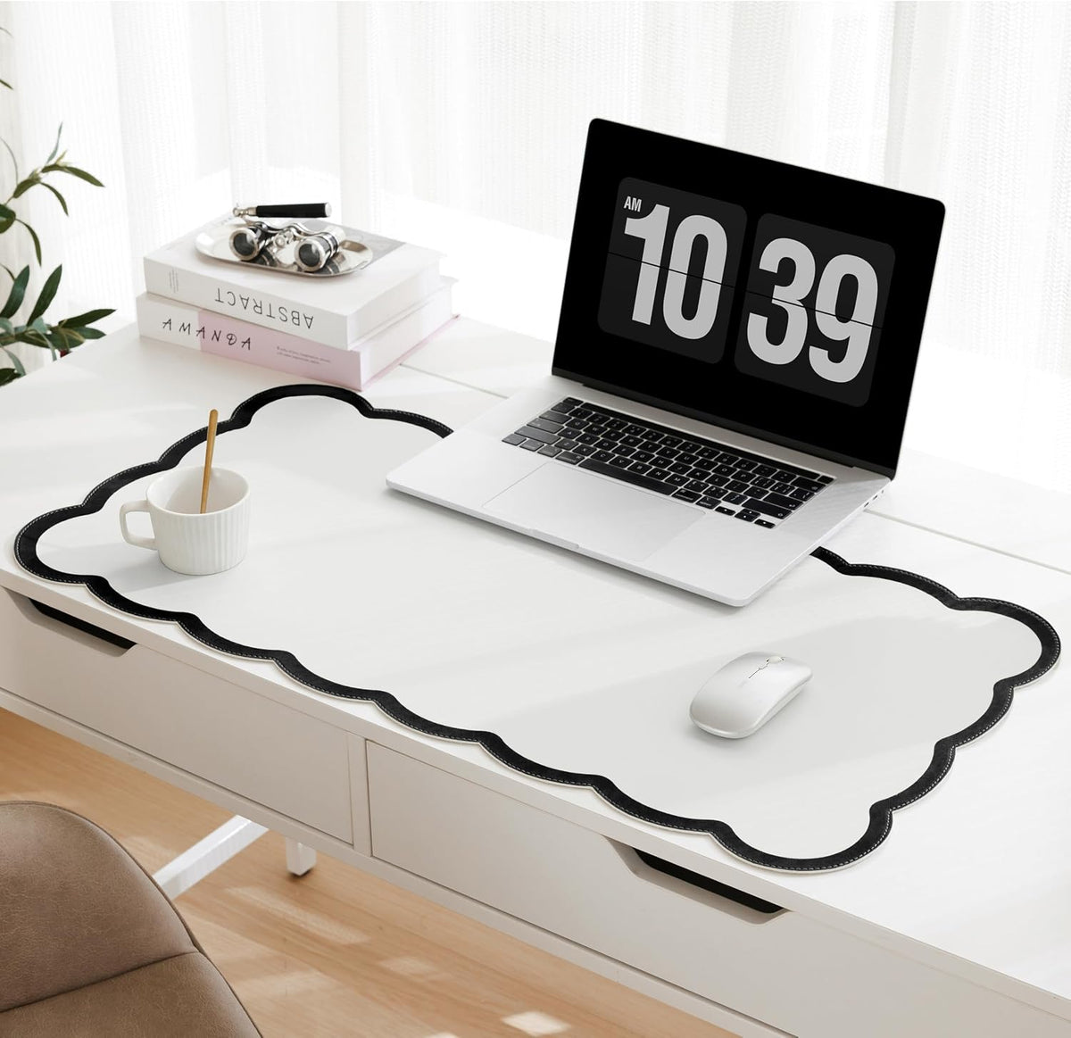 Scalloped Desk Mat, 31.5" x 15.7" Large Cute Aesthetic Desk Accessories, PU Leather Computer Laptop Desk Mouse Keyboard Pad, Desk Writing Mat for Vanity/Work/Home Decor (Beige, 31.5" x 15.7")