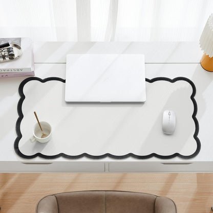 Scalloped Desk Mat, 31.5" x 15.7" Large Cute Aesthetic Desk Accessories, PU Leather Computer Laptop Desk Mouse Keyboard Pad, Desk Writing Mat for Vanity/Work/Home Decor (Beige, 31.5" x 15.7")