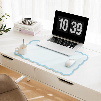 Scalloped Desk Mat, 31.5" x 15.7" Large Cute Aesthetic Desk Accessories, PU Leather Computer Laptop Desk Mouse Keyboard Pad, Desk Writing Mat for Vanity/Work/Home Decor (Beige, 31.5" x 15.7")