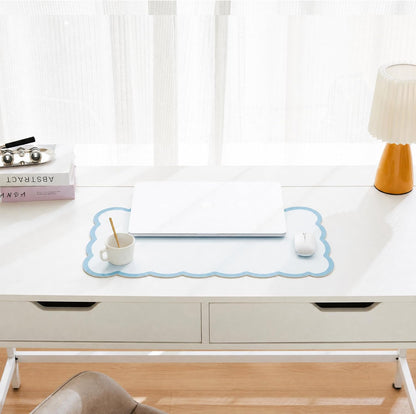 Scalloped Desk Mat, 31.5" x 15.7" Large Cute Aesthetic Desk Accessories, PU Leather Computer Laptop Desk Mouse Keyboard Pad, Desk Writing Mat for Vanity/Work/Home Decor (Beige, 31.5" x 15.7")