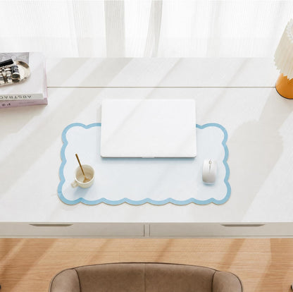 Scalloped Desk Mat, 31.5" x 15.7" Large Cute Aesthetic Desk Accessories, PU Leather Computer Laptop Desk Mouse Keyboard Pad, Desk Writing Mat for Vanity/Work/Home Decor (Beige, 31.5" x 15.7")