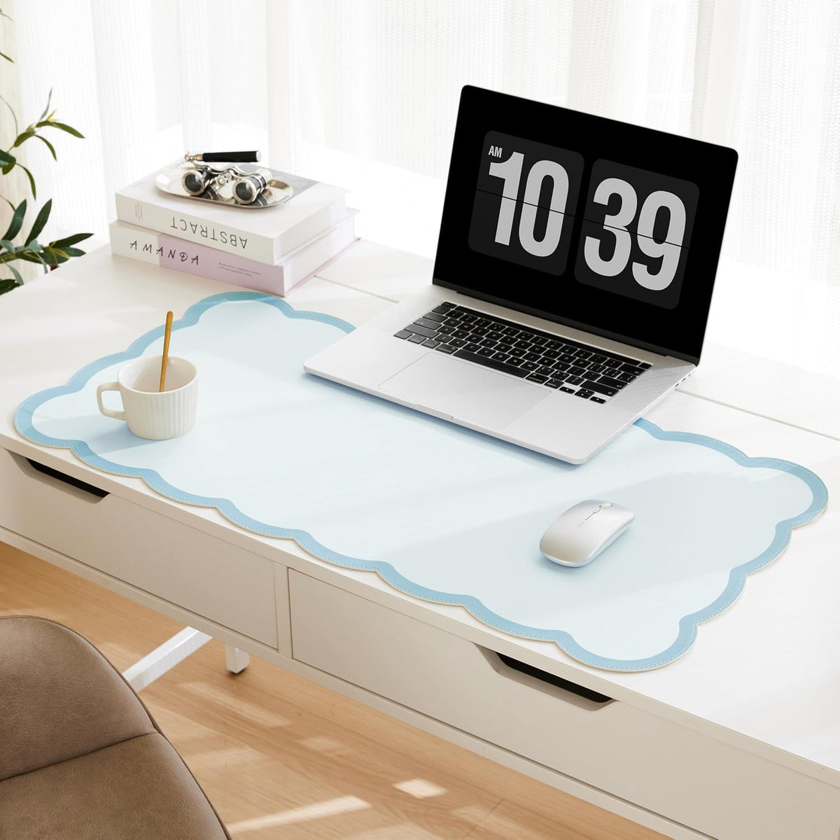 Scalloped Desk Mat, 31.5" x 15.7" Large Cute Aesthetic Desk Accessories, PU Leather Computer Laptop Desk Mouse Keyboard Pad, Desk Writing Mat for Vanity/Work/Home Decor (Beige, 31.5" x 15.7")