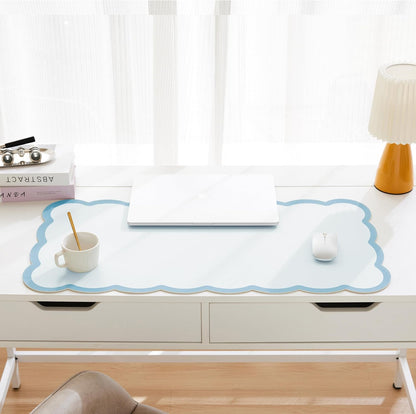 Scalloped Desk Mat, 31.5" x 15.7" Large Cute Aesthetic Desk Accessories, PU Leather Computer Laptop Desk Mouse Keyboard Pad, Desk Writing Mat for Vanity/Work/Home Decor (Beige, 31.5" x 15.7")
