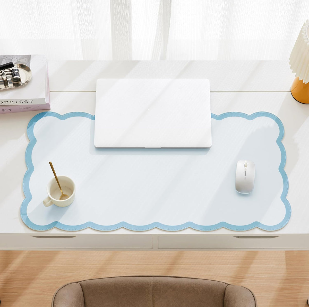 Scalloped Desk Mat, 31.5" x 15.7" Large Cute Aesthetic Desk Accessories, PU Leather Computer Laptop Desk Mouse Keyboard Pad, Desk Writing Mat for Vanity/Work/Home Decor (Beige, 31.5" x 15.7")