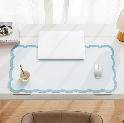 Scalloped Desk Mat, 31.5" x 15.7" Large Cute Aesthetic Desk Accessories, PU Leather Computer Laptop Desk Mouse Keyboard Pad, Desk Writing Mat for Vanity/Work/Home Decor (Beige, 31.5" x 15.7")