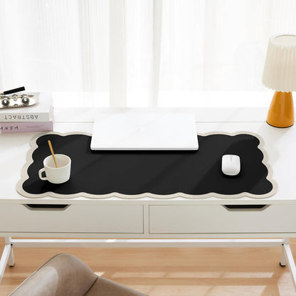 Scalloped Desk Mat, 31.5" x 15.7" Large Cute Aesthetic Desk Accessories, PU Leather Computer Laptop Desk Mouse Keyboard Pad, Desk Writing Mat for Vanity/Work/Home Decor (Beige, 31.5" x 15.7")