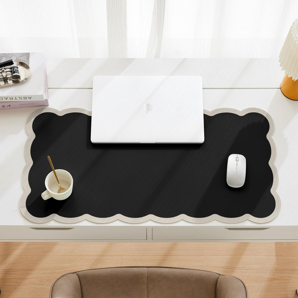 Scalloped Desk Mat, 31.5" x 15.7" Large Cute Aesthetic Desk Accessories, PU Leather Computer Laptop Desk Mouse Keyboard Pad, Desk Writing Mat for Vanity/Work/Home Decor (Beige, 31.5" x 15.7")