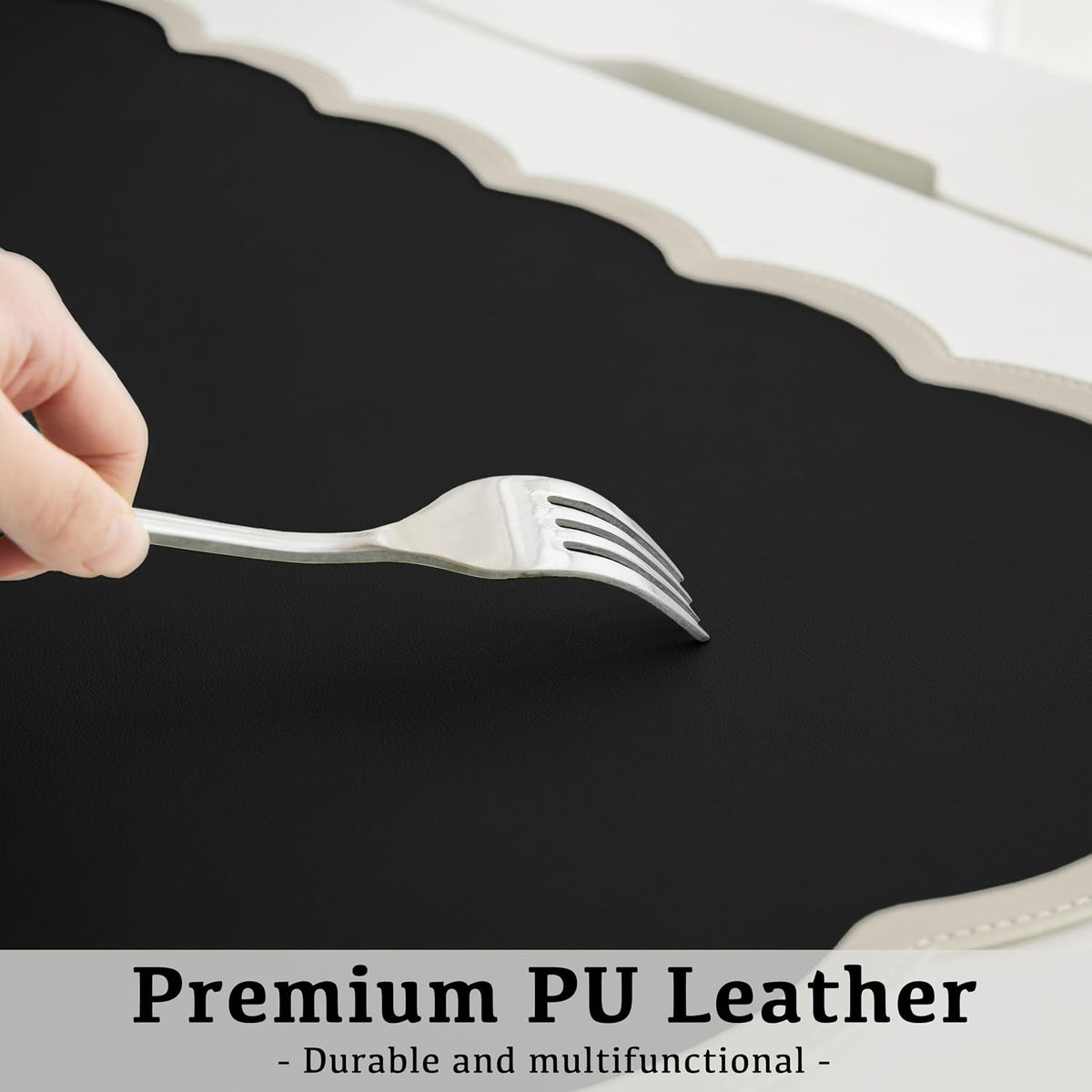 Scalloped Desk Mat, 31.5" x 15.7" Large Cute Aesthetic Desk Accessories, PU Leather Computer Laptop Desk Mouse Keyboard Pad, Desk Writing Mat for Vanity/Work/Home Decor (Beige, 31.5" x 15.7")