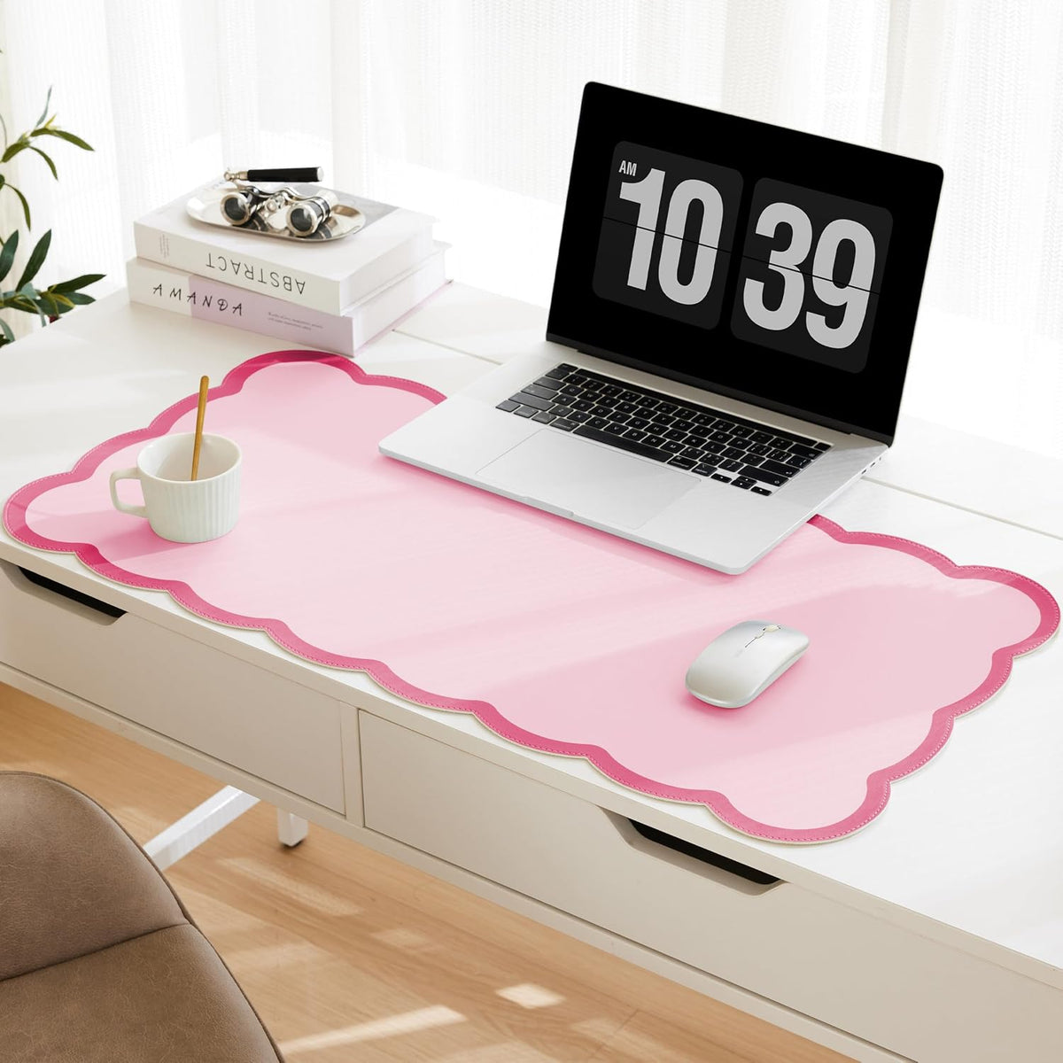 Scalloped Desk Mat, 31.5" x 15.7" Large Cute Aesthetic Desk Accessories, PU Leather Computer Laptop Desk Mouse Keyboard Pad, Desk Writing Mat for Vanity/Work/Home Decor (Beige, 31.5" x 15.7")