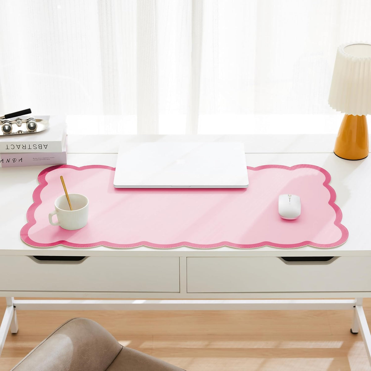 Scalloped Desk Mat, 31.5" x 15.7" Large Cute Aesthetic Desk Accessories, PU Leather Computer Laptop Desk Mouse Keyboard Pad, Desk Writing Mat for Vanity/Work/Home Decor (Beige, 31.5" x 15.7")