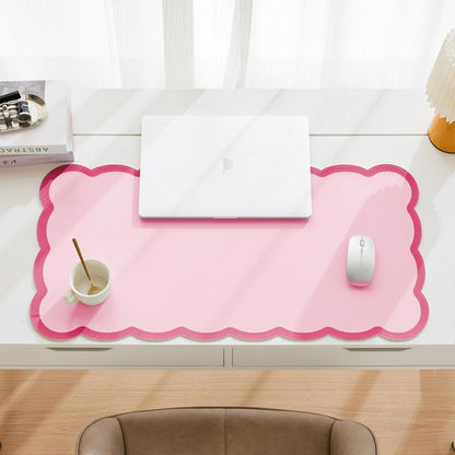 Scalloped Desk Mat, 31.5" x 15.7" Large Cute Aesthetic Desk Accessories, PU Leather Computer Laptop Desk Mouse Keyboard Pad, Desk Writing Mat for Vanity/Work/Home Decor (Beige, 31.5" x 15.7")