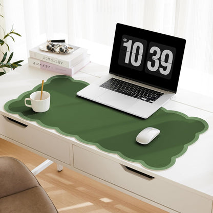 Scalloped Desk Mat, 31.5" x 15.7" Large Cute Aesthetic Desk Accessories, PU Leather Computer Laptop Desk Mouse Keyboard Pad, Desk Writing Mat for Vanity/Work/Home Decor (Beige, 31.5" x 15.7")