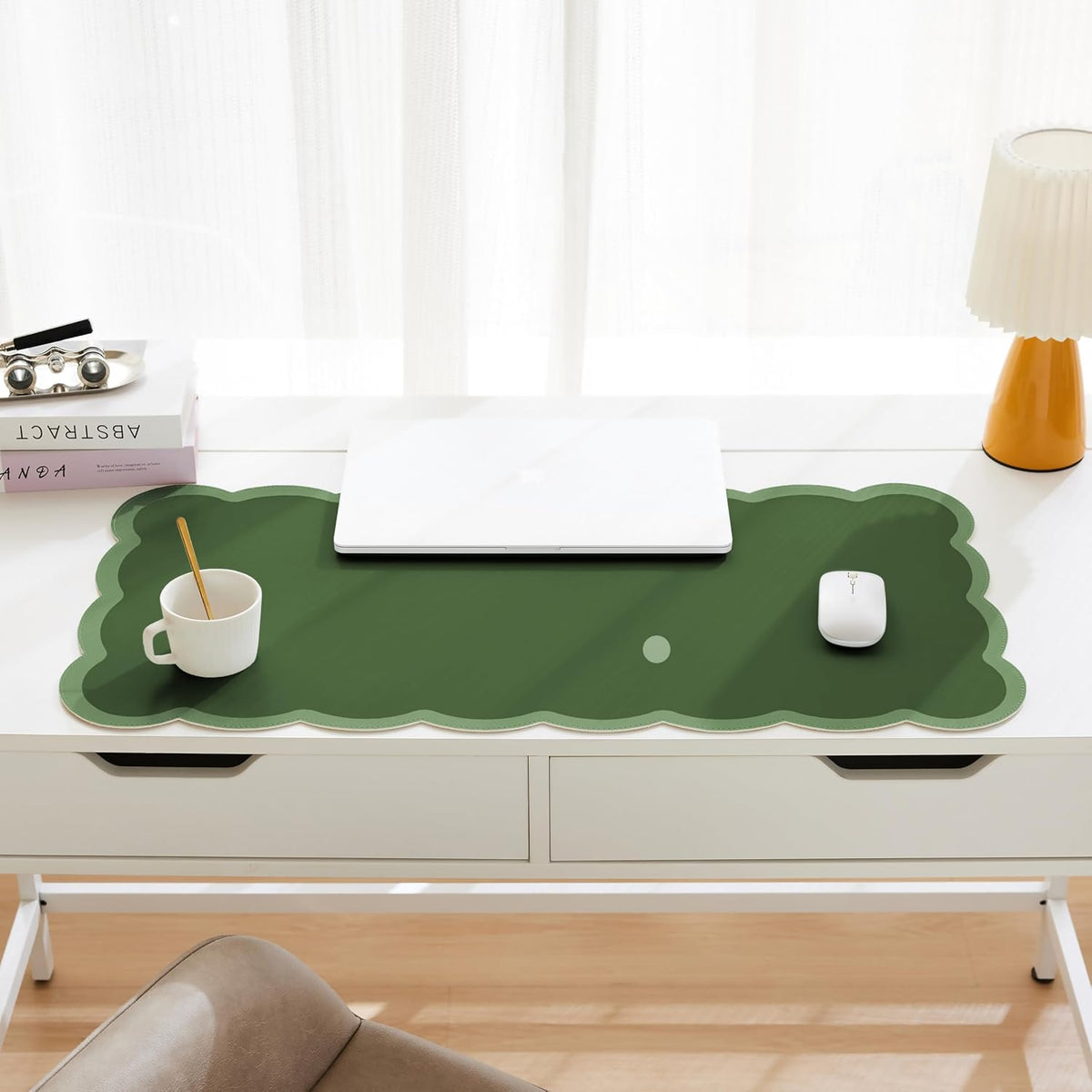 Scalloped Desk Mat, 31.5" x 15.7" Large Cute Aesthetic Desk Accessories, PU Leather Computer Laptop Desk Mouse Keyboard Pad, Desk Writing Mat for Vanity/Work/Home Decor (Beige, 31.5" x 15.7")