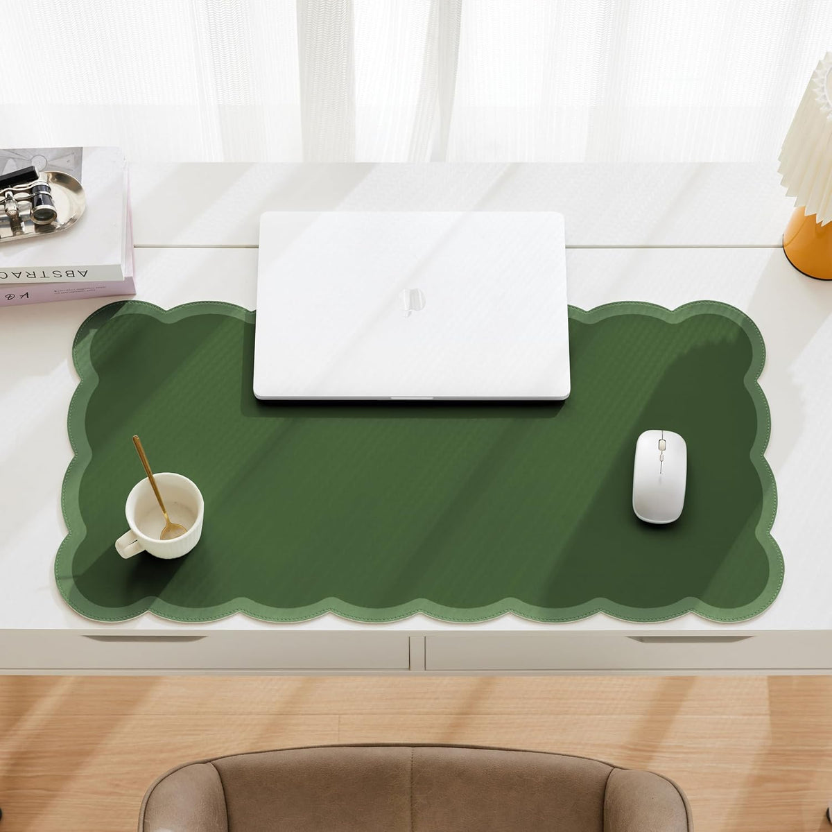 Scalloped Desk Mat, 31.5" x 15.7" Large Cute Aesthetic Desk Accessories, PU Leather Computer Laptop Desk Mouse Keyboard Pad, Desk Writing Mat for Vanity/Work/Home Decor (Beige, 31.5" x 15.7")