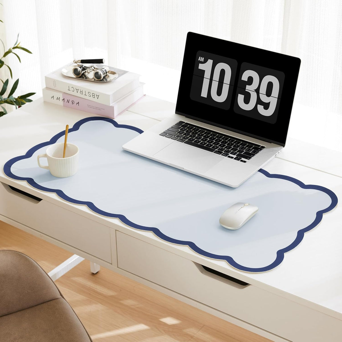 Scalloped Desk Mat, 31.5" x 15.7" Large Cute Aesthetic Desk Accessories, PU Leather Computer Laptop Desk Mouse Keyboard Pad, Desk Writing Mat for Vanity/Work/Home Decor (Beige, 31.5" x 15.7")
