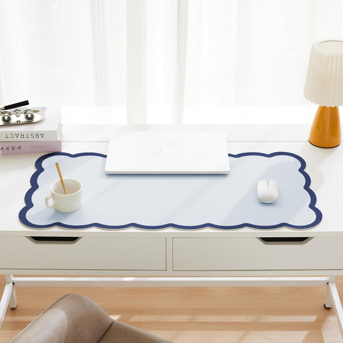 Scalloped Desk Mat, 31.5" x 15.7" Large Cute Aesthetic Desk Accessories, PU Leather Computer Laptop Desk Mouse Keyboard Pad, Desk Writing Mat for Vanity/Work/Home Decor (Beige, 31.5" x 15.7")