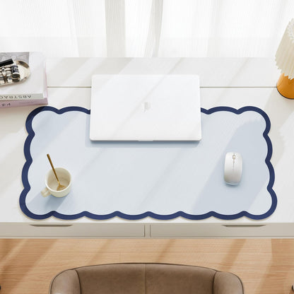 Scalloped Desk Mat, 31.5" x 15.7" Large Cute Aesthetic Desk Accessories, PU Leather Computer Laptop Desk Mouse Keyboard Pad, Desk Writing Mat for Vanity/Work/Home Decor (Beige, 31.5" x 15.7")