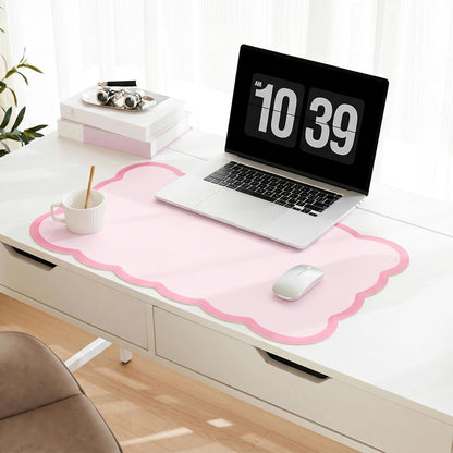 Scalloped Desk Mat, 31.5" x 15.7" Large Cute Aesthetic Desk Accessories, PU Leather Computer Laptop Desk Mouse Keyboard Pad, Desk Writing Mat for Vanity/Work/Home Decor (Beige, 31.5" x 15.7")