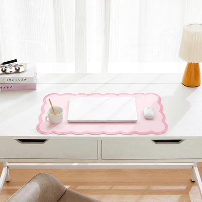 Scalloped Desk Mat, 31.5" x 15.7" Large Cute Aesthetic Desk Accessories, PU Leather Computer Laptop Desk Mouse Keyboard Pad, Desk Writing Mat for Vanity/Work/Home Decor (Beige, 31.5" x 15.7")