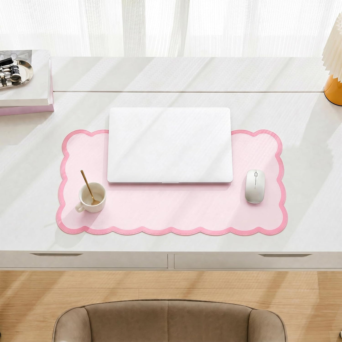 Scalloped Desk Mat, 31.5" x 15.7" Large Cute Aesthetic Desk Accessories, PU Leather Computer Laptop Desk Mouse Keyboard Pad, Desk Writing Mat for Vanity/Work/Home Decor (Beige, 31.5" x 15.7")