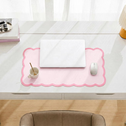 Scalloped Desk Mat, 31.5" x 15.7" Large Cute Aesthetic Desk Accessories, PU Leather Computer Laptop Desk Mouse Keyboard Pad, Desk Writing Mat for Vanity/Work/Home Decor (Beige, 31.5" x 15.7")