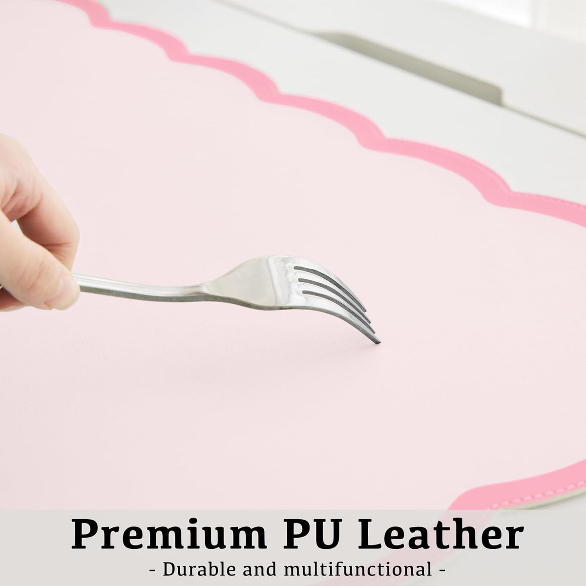 Scalloped Desk Mat, 31.5" x 15.7" Large Cute Aesthetic Desk Accessories, PU Leather Computer Laptop Desk Mouse Keyboard Pad, Desk Writing Mat for Vanity/Work/Home Decor (Beige, 31.5" x 15.7")