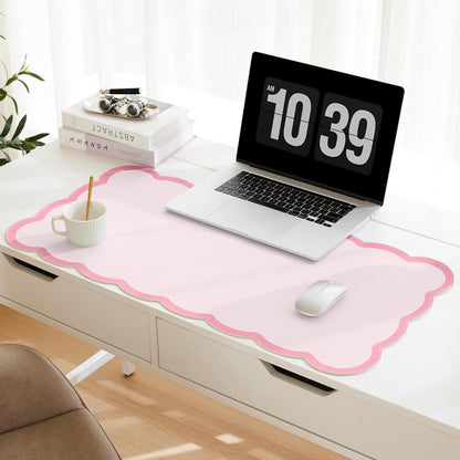 Scalloped Desk Mat, 31.5" x 15.7" Large Cute Aesthetic Desk Accessories, PU Leather Computer Laptop Desk Mouse Keyboard Pad, Desk Writing Mat for Vanity/Work/Home Decor (Beige, 31.5" x 15.7")
