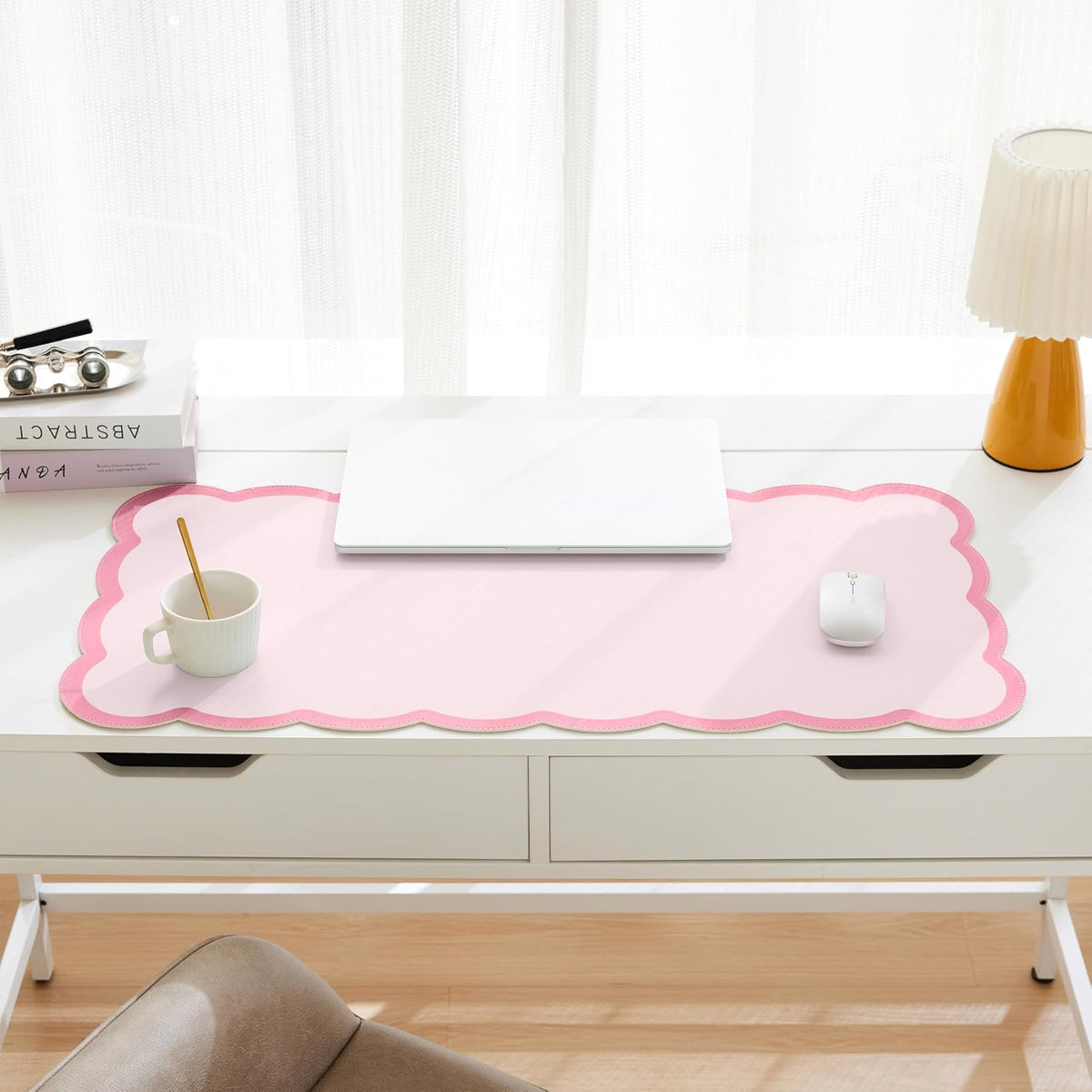 Scalloped Desk Mat, 31.5" x 15.7" Large Cute Aesthetic Desk Accessories, PU Leather Computer Laptop Desk Mouse Keyboard Pad, Desk Writing Mat for Vanity/Work/Home Decor (Beige, 31.5" x 15.7")