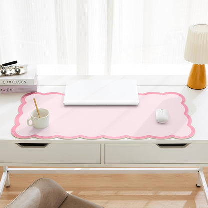 Scalloped Desk Mat, 31.5" x 15.7" Large Cute Aesthetic Desk Accessories, PU Leather Computer Laptop Desk Mouse Keyboard Pad, Desk Writing Mat for Vanity/Work/Home Decor (Beige, 31.5" x 15.7")