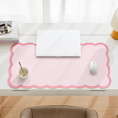 Scalloped Desk Mat, 31.5" x 15.7" Large Cute Aesthetic Desk Accessories, PU Leather Computer Laptop Desk Mouse Keyboard Pad, Desk Writing Mat for Vanity/Work/Home Decor (Beige, 31.5" x 15.7")