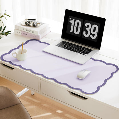 Scalloped Desk Mat, 31.5" x 15.7" Large Cute Aesthetic Desk Accessories, PU Leather Computer Laptop Desk Mouse Keyboard Pad, Desk Writing Mat for Vanity/Work/Home Decor (Beige, 31.5" x 15.7")