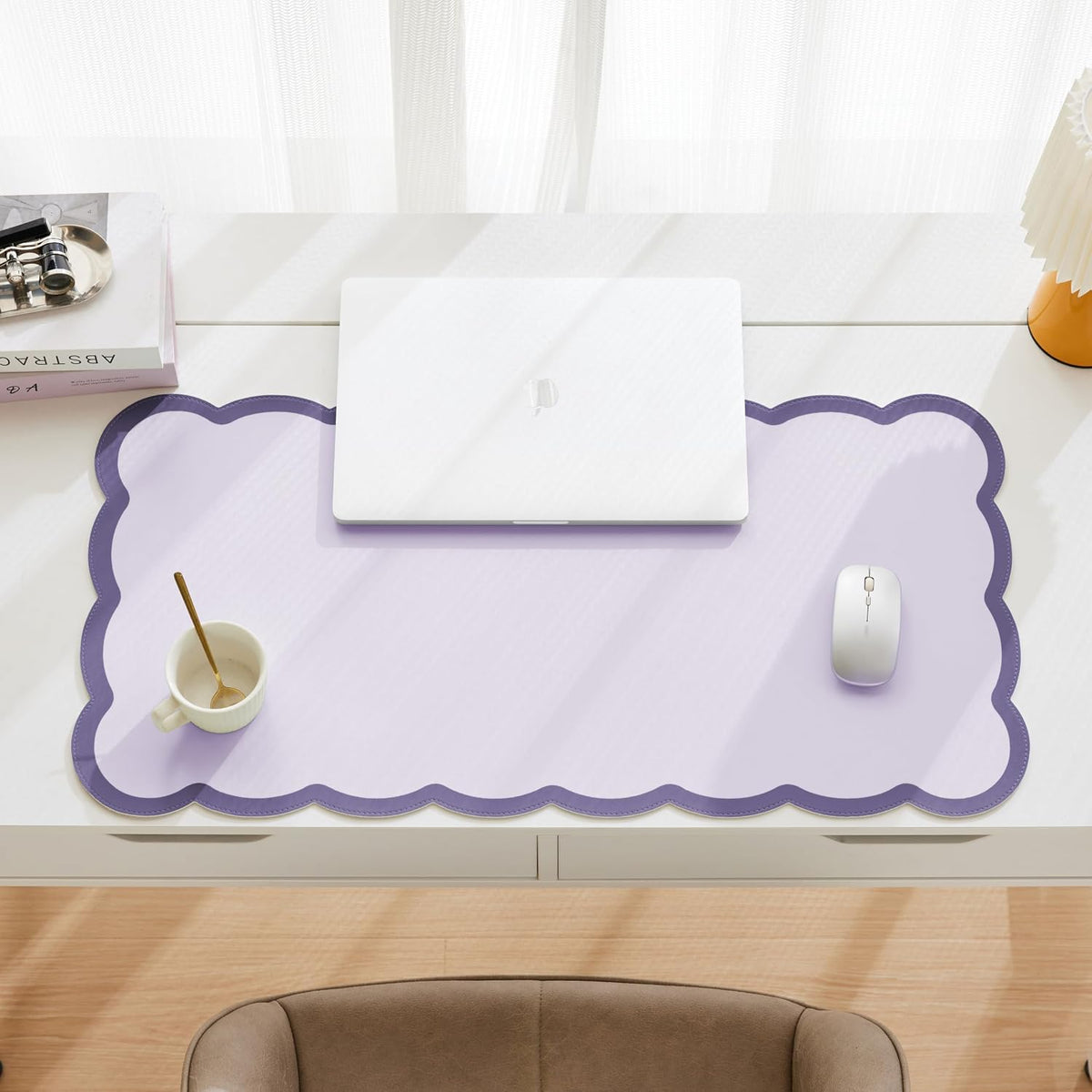 Scalloped Desk Mat, 31.5" x 15.7" Large Cute Aesthetic Desk Accessories, PU Leather Computer Laptop Desk Mouse Keyboard Pad, Desk Writing Mat for Vanity/Work/Home Decor (Beige, 31.5" x 15.7")