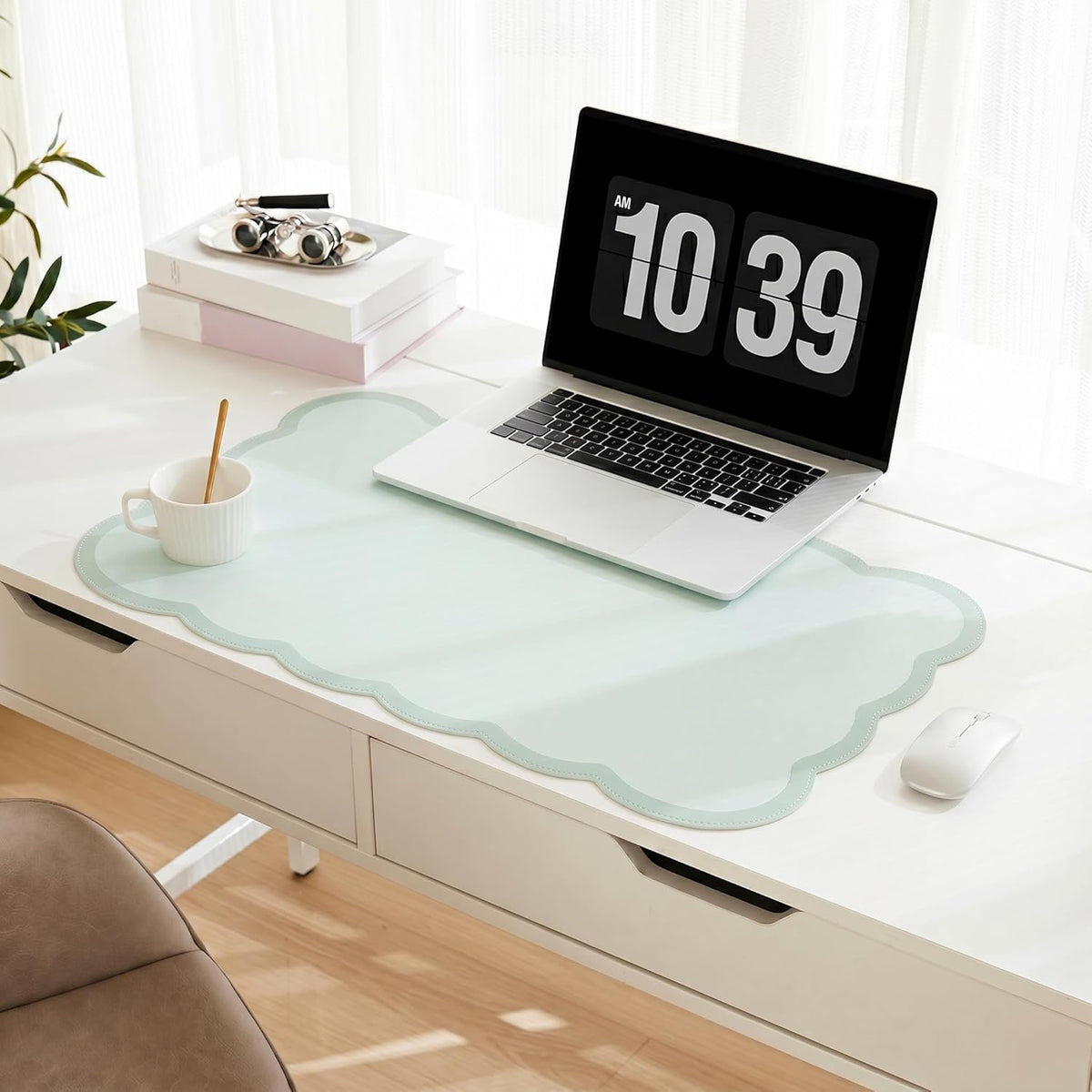 Scalloped Desk Mat, 31.5" x 15.7" Large Cute Aesthetic Desk Accessories, PU Leather Computer Laptop Desk Mouse Keyboard Pad, Desk Writing Mat for Vanity/Work/Home Decor (Beige, 31.5" x 15.7")
