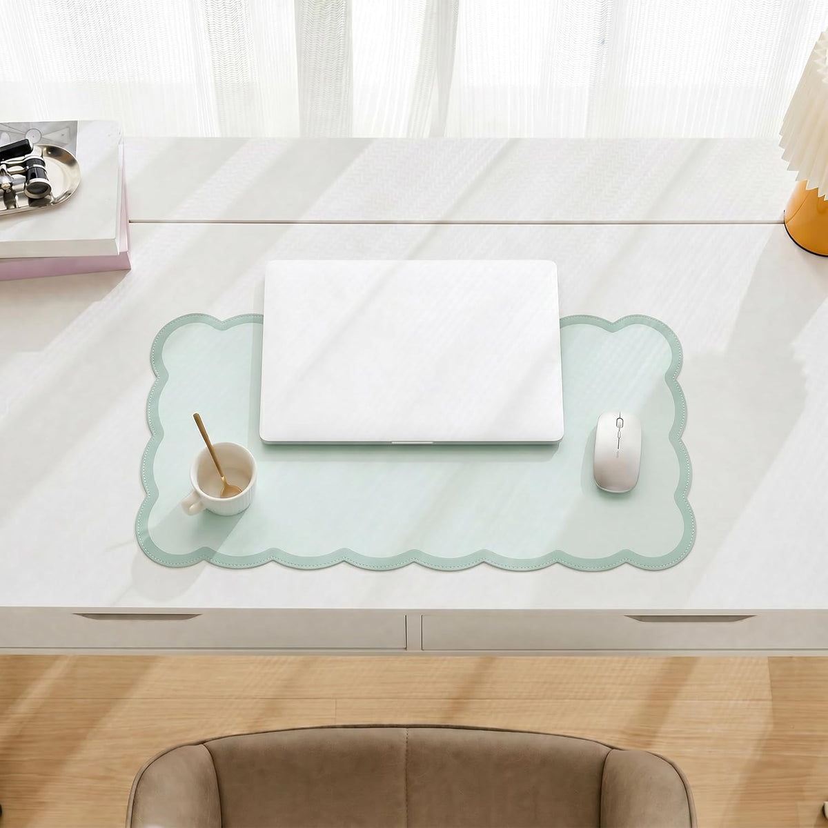Scalloped Desk Mat, 31.5" x 15.7" Large Cute Aesthetic Desk Accessories, PU Leather Computer Laptop Desk Mouse Keyboard Pad, Desk Writing Mat for Vanity/Work/Home Decor (Beige, 31.5" x 15.7")