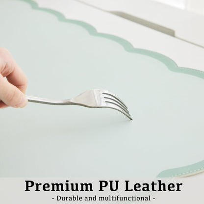 Scalloped Desk Mat, 31.5" x 15.7" Large Cute Aesthetic Desk Accessories, PU Leather Computer Laptop Desk Mouse Keyboard Pad, Desk Writing Mat for Vanity/Work/Home Decor (Beige, 31.5" x 15.7")