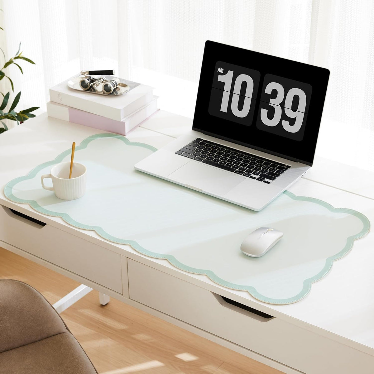 Scalloped Desk Mat, 31.5" x 15.7" Large Cute Aesthetic Desk Accessories, PU Leather Computer Laptop Desk Mouse Keyboard Pad, Desk Writing Mat for Vanity/Work/Home Decor (Beige, 31.5" x 15.7")