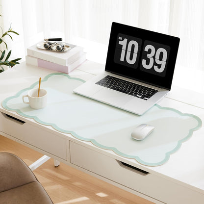Scalloped Desk Mat, 31.5" x 15.7" Large Cute Aesthetic Desk Accessories, PU Leather Computer Laptop Desk Mouse Keyboard Pad, Desk Writing Mat for Vanity/Work/Home Decor (Beige, 31.5" x 15.7")