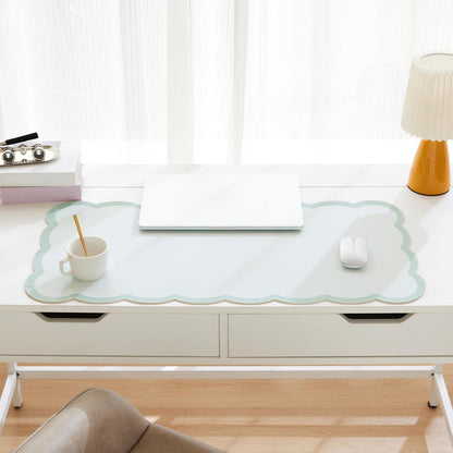 Scalloped Desk Mat, 31.5" x 15.7" Large Cute Aesthetic Desk Accessories, PU Leather Computer Laptop Desk Mouse Keyboard Pad, Desk Writing Mat for Vanity/Work/Home Decor (Beige, 31.5" x 15.7")