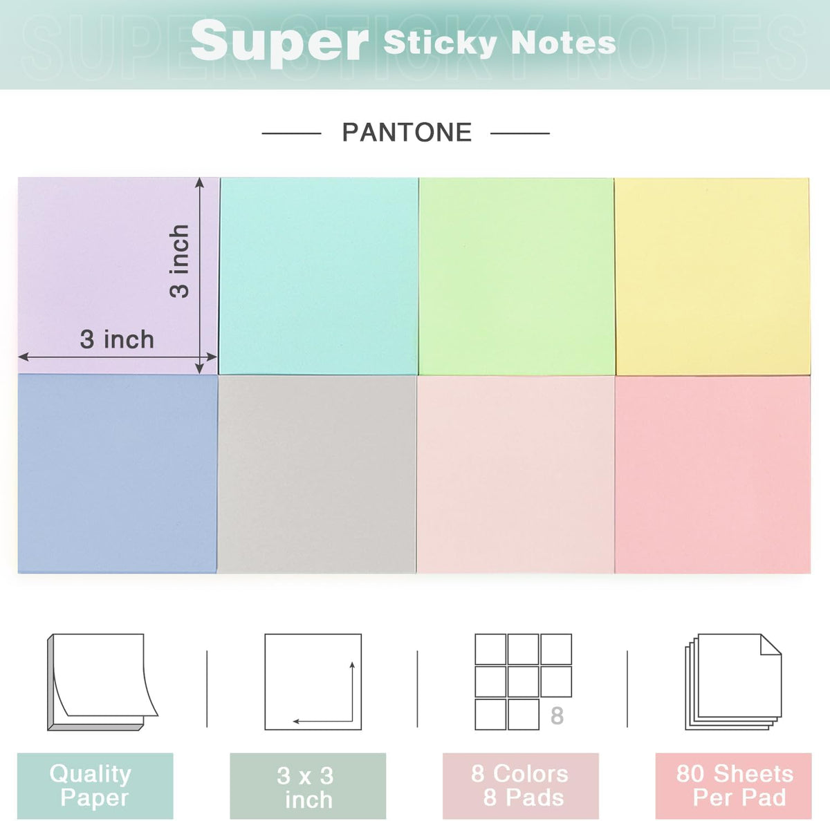 Sticky Notes 3x3 inch, 8 Bright Multi Colors, 85 Sheets/Pad