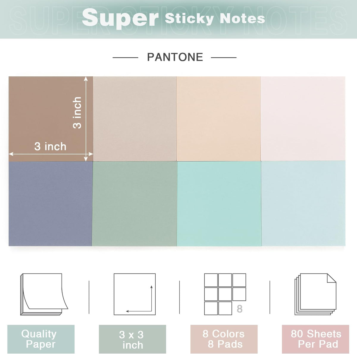 Sticky Notes 3x3 inch, 8 Bright Multi Colors, 85 Sheets/Pad