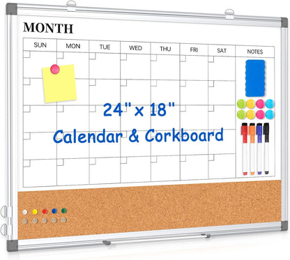 Dry Erase Calendar Whiteboard for Wall, 24" x 18" Monthly Cork White Board