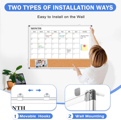 Dry Erase Calendar Whiteboard for Wall, 24" x 18" Monthly Cork White Board