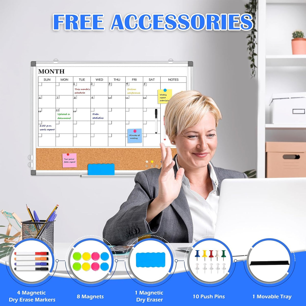 Dry Erase Calendar Whiteboard for Wall, 24" x 18" Monthly Cork White Board