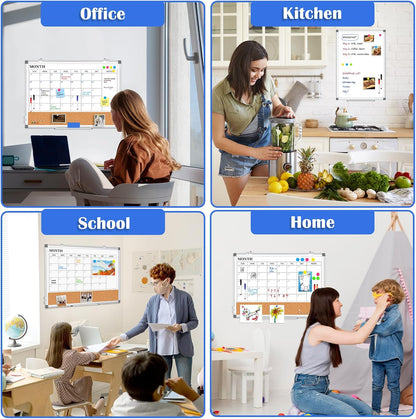 Dry Erase Calendar Whiteboard for Wall, 24" x 18" Monthly Cork White Board